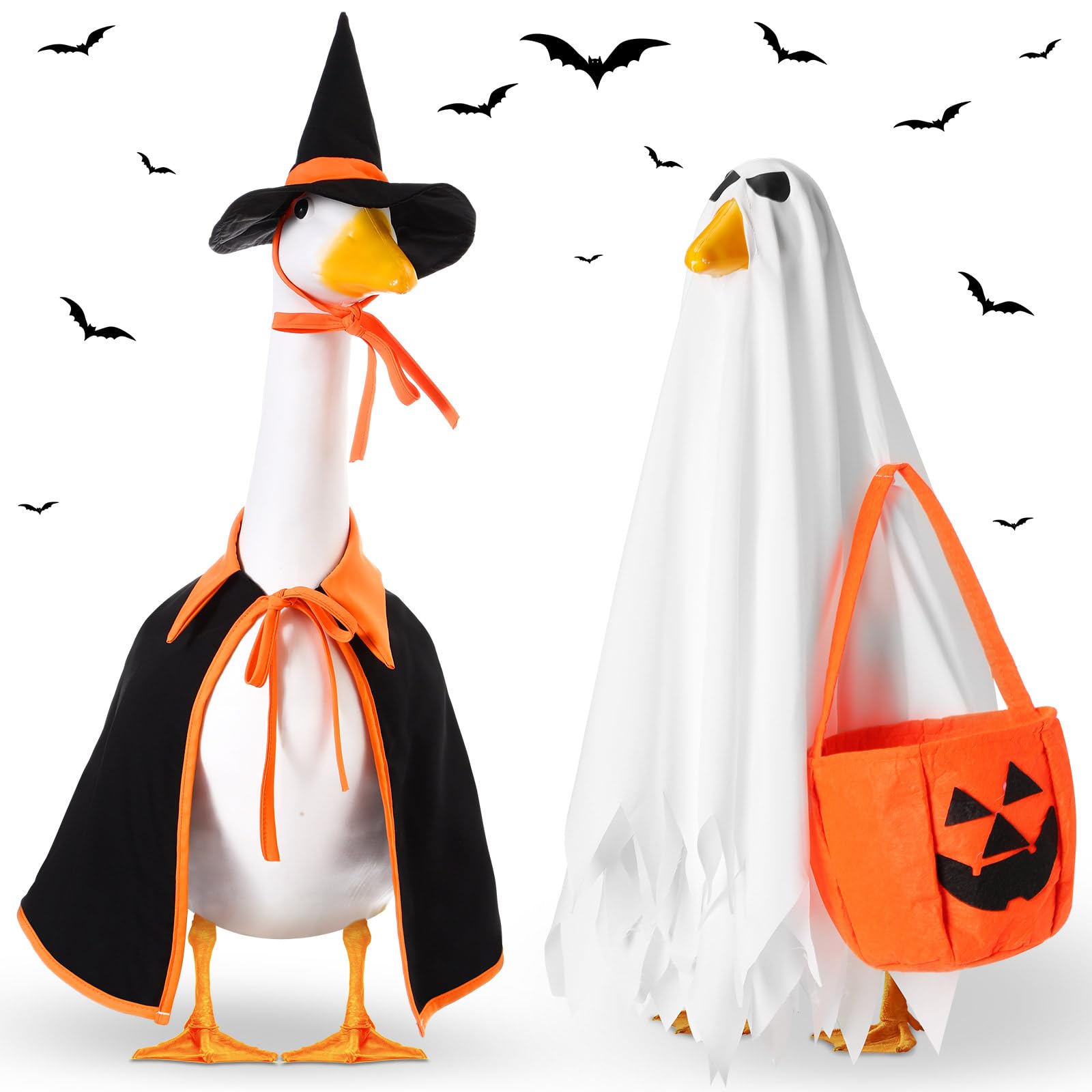 Silicherry Halloween Goose Outfit featuring ghost cape and witch hat