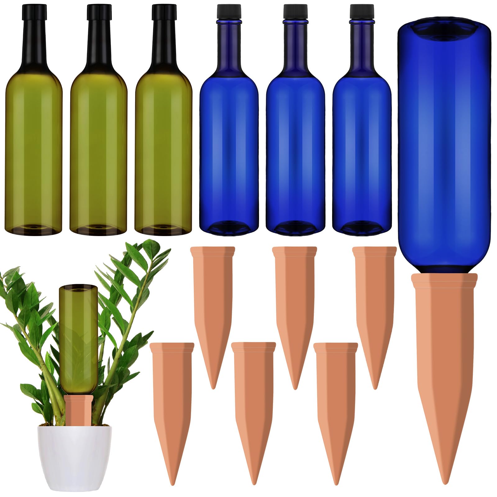 SiliFine self-watering spikes set of 6 with terracotta and blue green bottles