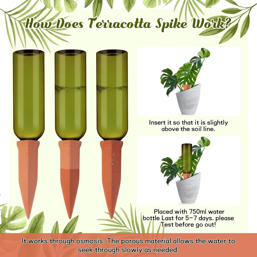 SiliFine terracotta spike with dark green bottle filled with water