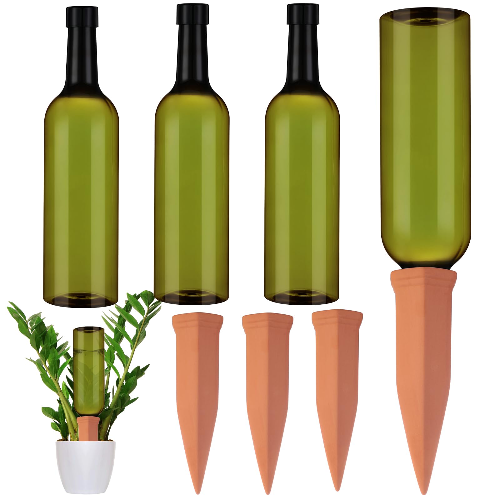 SiliFine terracotta watering spike set with dark green bottles