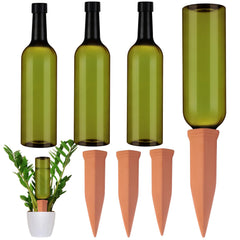 SiliFine terracotta watering spike set with dark green bottles