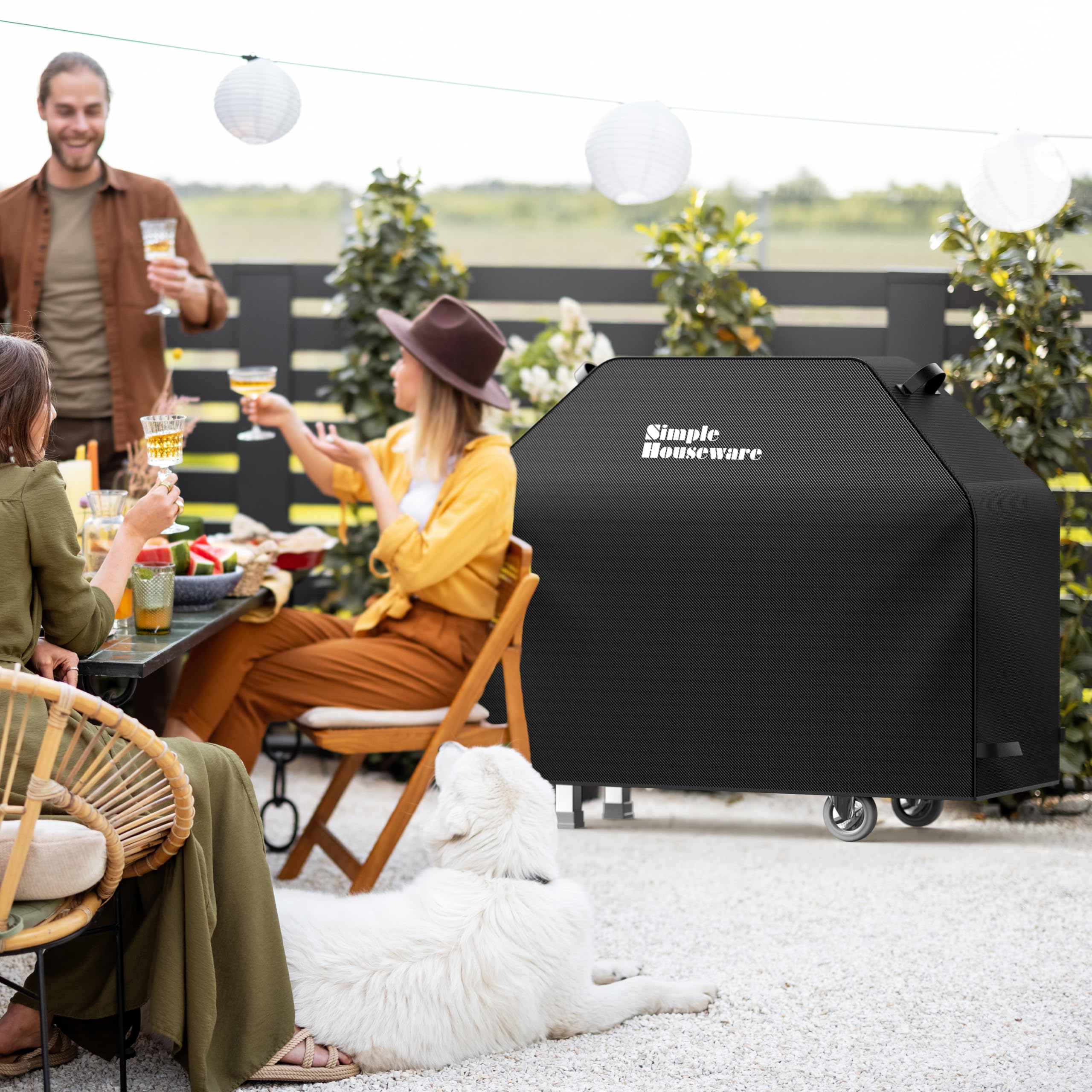 Simple Houseware BBQ Grill Cover against a grill for size comparison