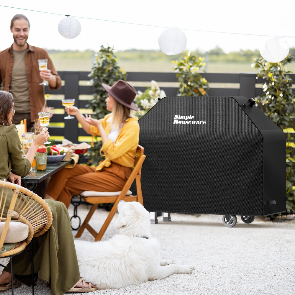 Simple Houseware BBQ Grill Cover against a grill for size comparison