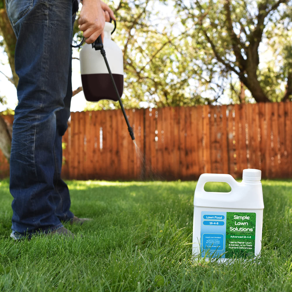 Simple Lawn Solutions 16-4-8 Liquid Fertilizer with garden tools
