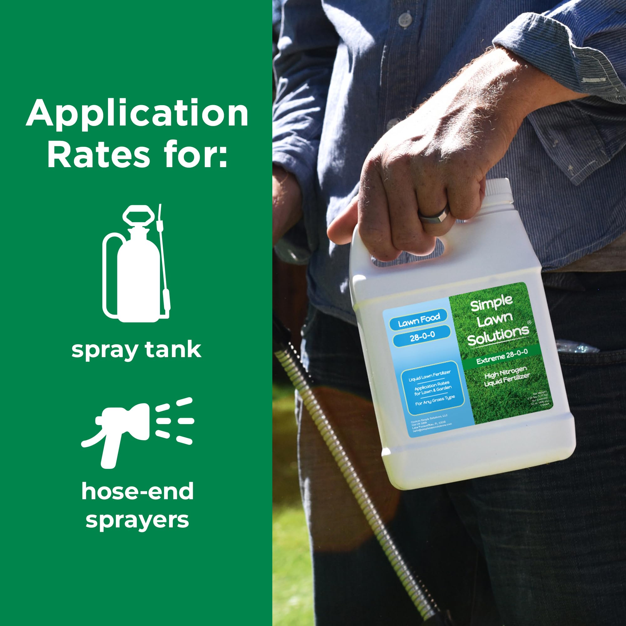 Simple Lawn Solutions 28-0-0 Liquid Fertilizer displayed with garden tools