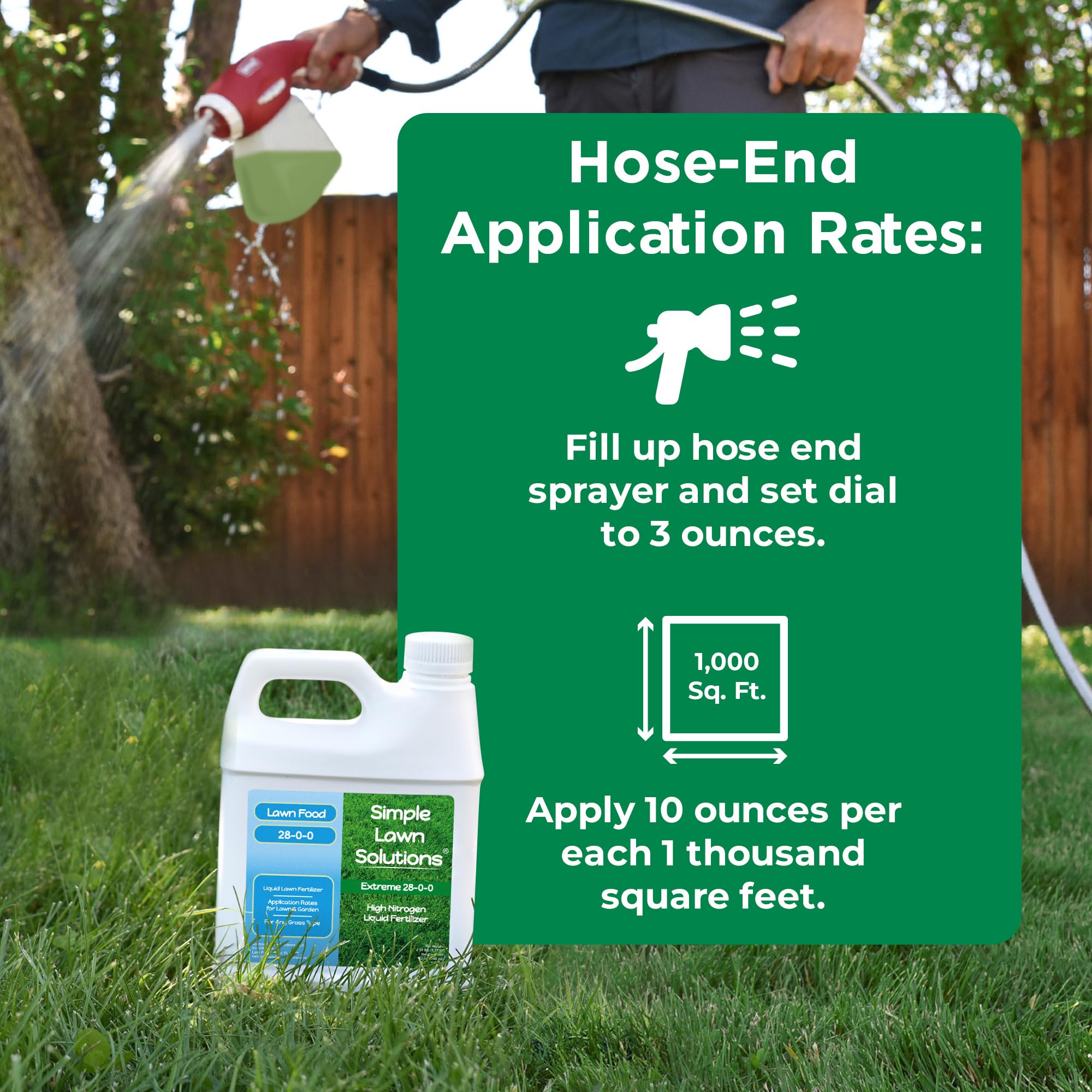 Simple Lawn Solutions 28-0-0 Liquid Fertilizer in a garden setting with plants