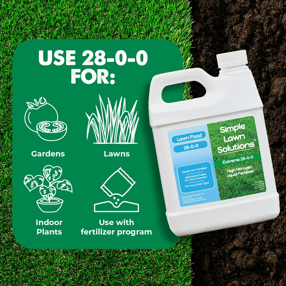 Simple Lawn Solutions 28-0-0 Liquid Fertilizer packaging and safety instructions
