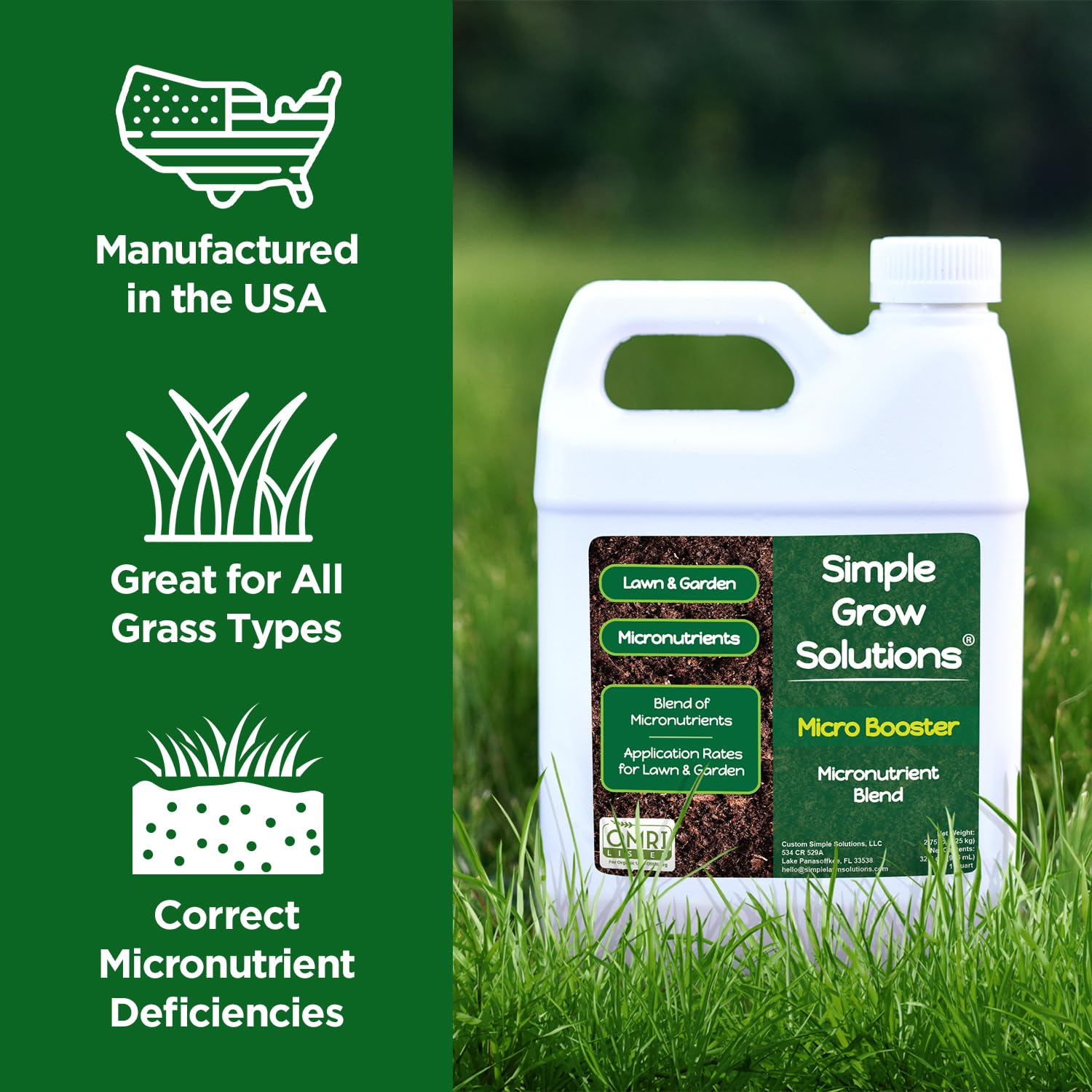 Simple Lawn Solutions Micronutrient Formula 32 oz bottle on a garden table