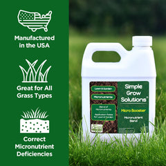 Simple Lawn Solutions Micronutrient Formula 32 oz bottle on a garden table