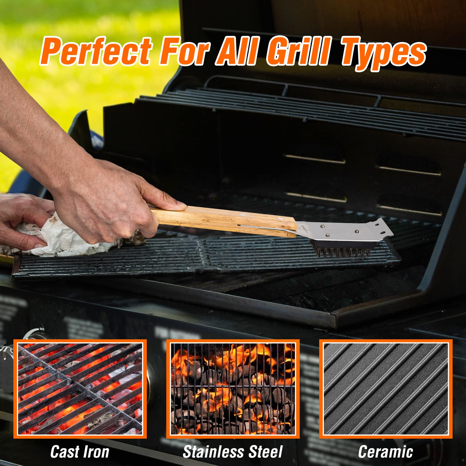 SIMPLETASTE Grill Brush showing ergonomic grip and hanging loop