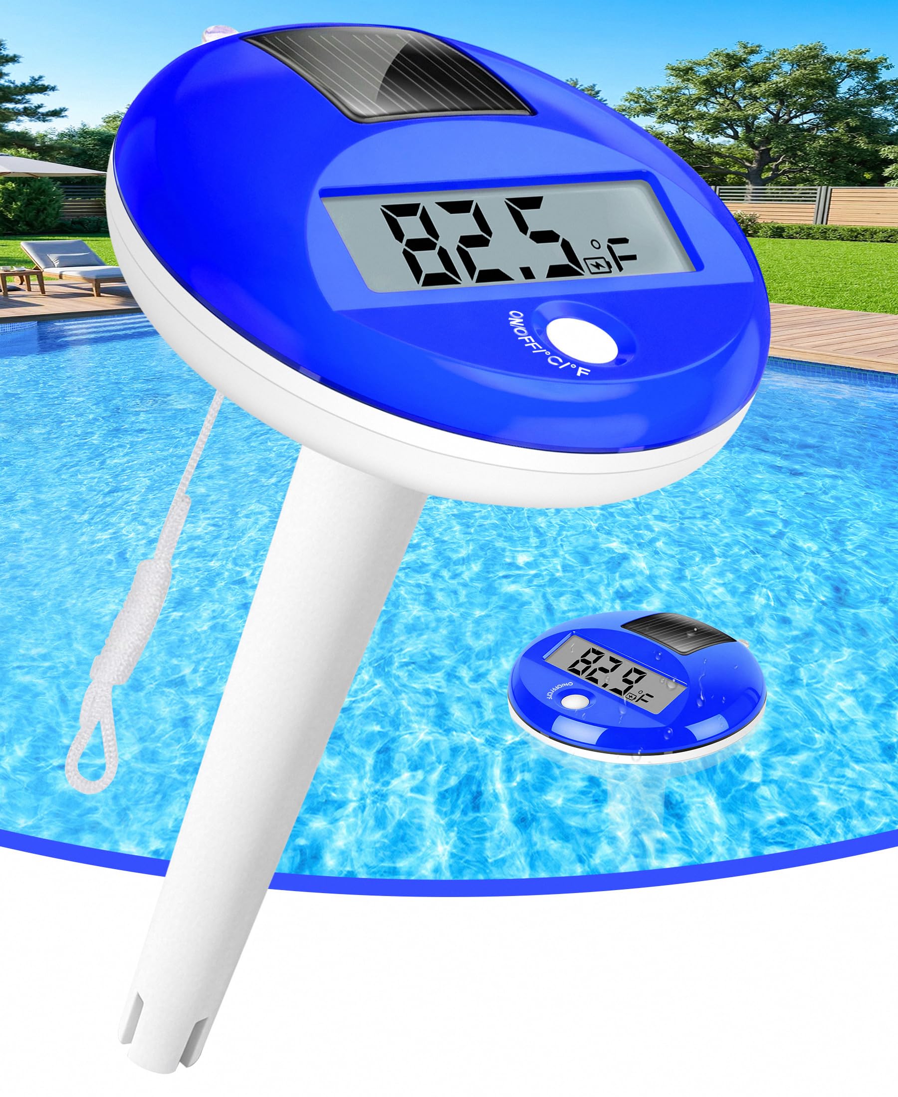 Sinbyuer Solar Digital Pool Thermometer front view, dark blue