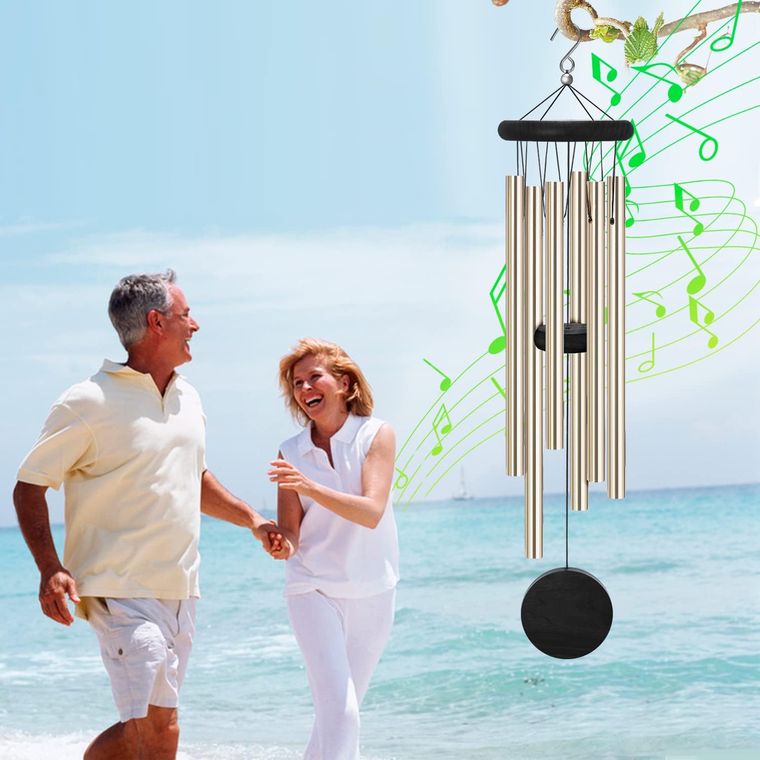 SIONMYTF wind chimes hanging in a garden setting