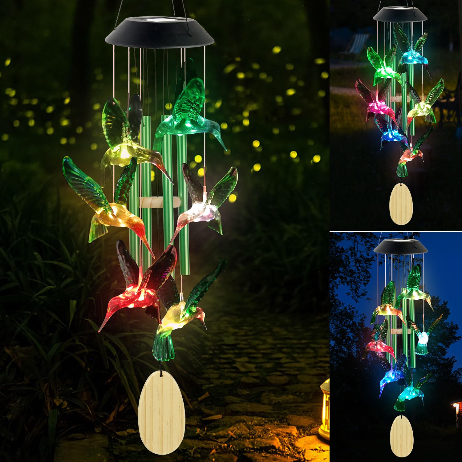 SIX FOXES Hummingbird Solar Wind Chimes green model hanging outdoors