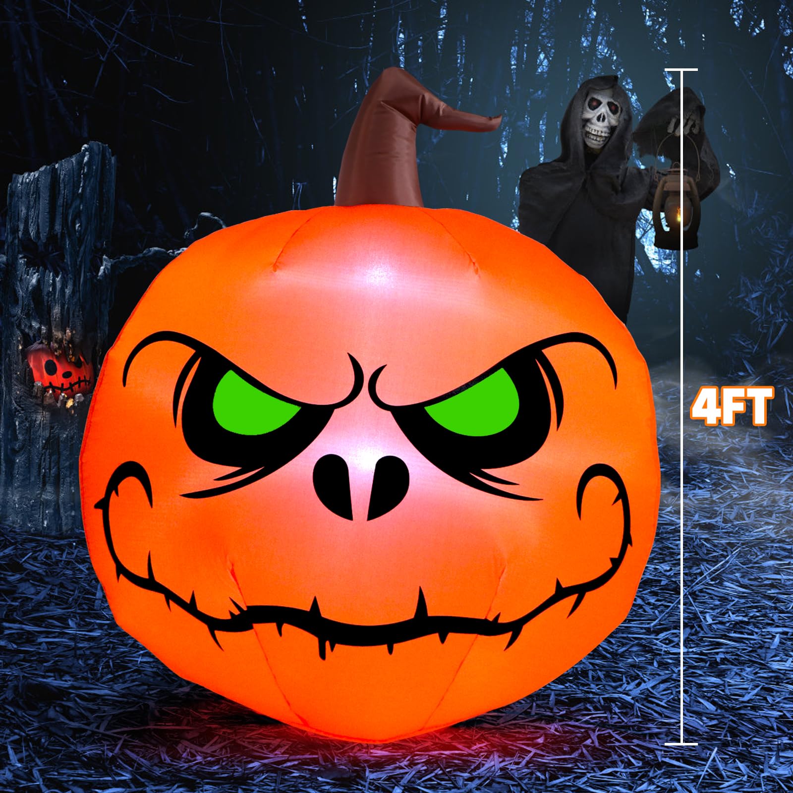 Sizonjoy inflatable pumpkin with LED lights lit up at night
