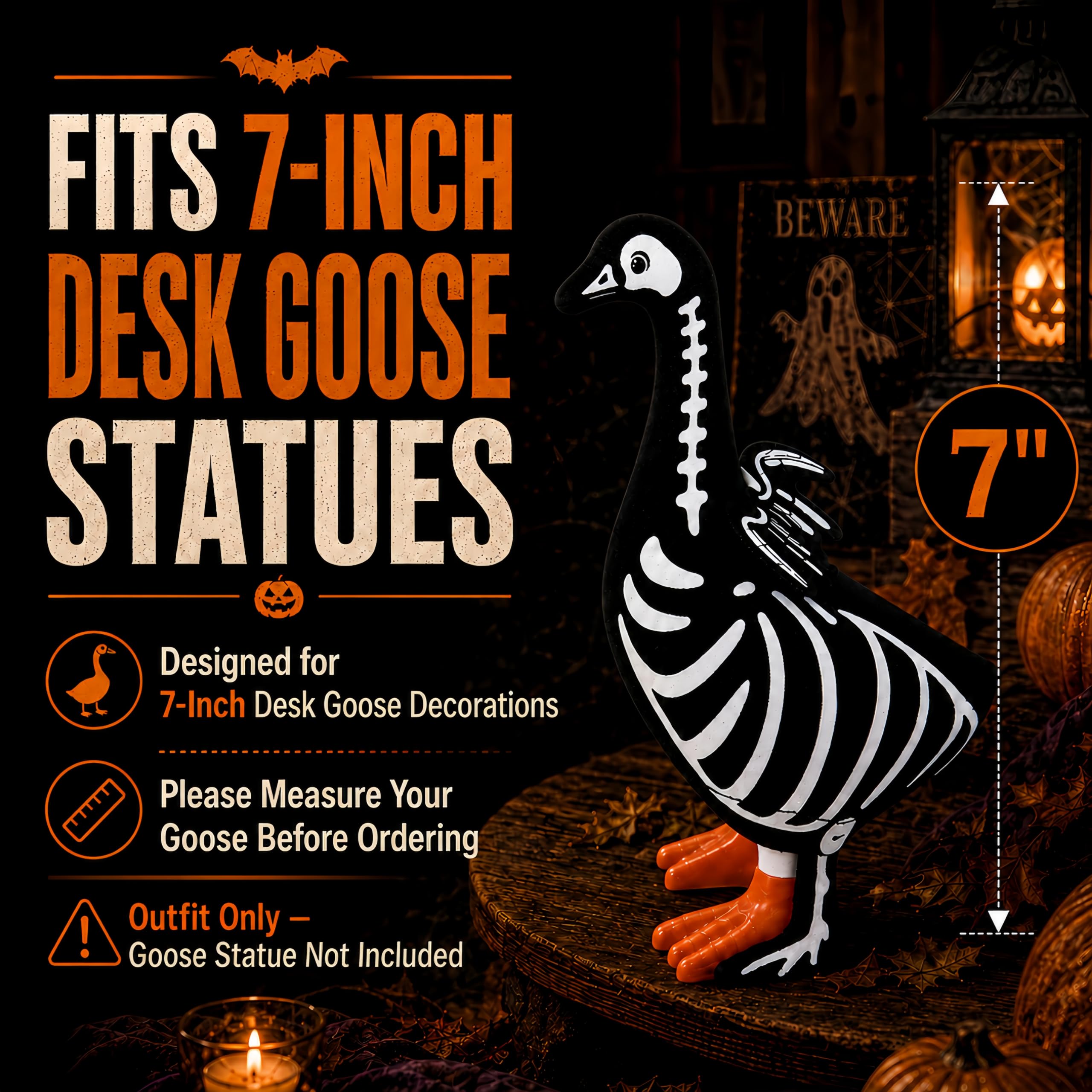 Skeleton costume for 7 inch desk goose displayed on a desk