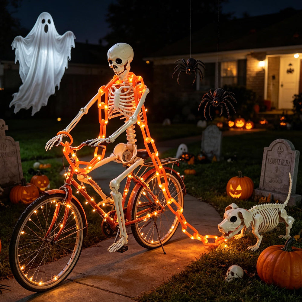 Skeleton display on a porch with pumpkins