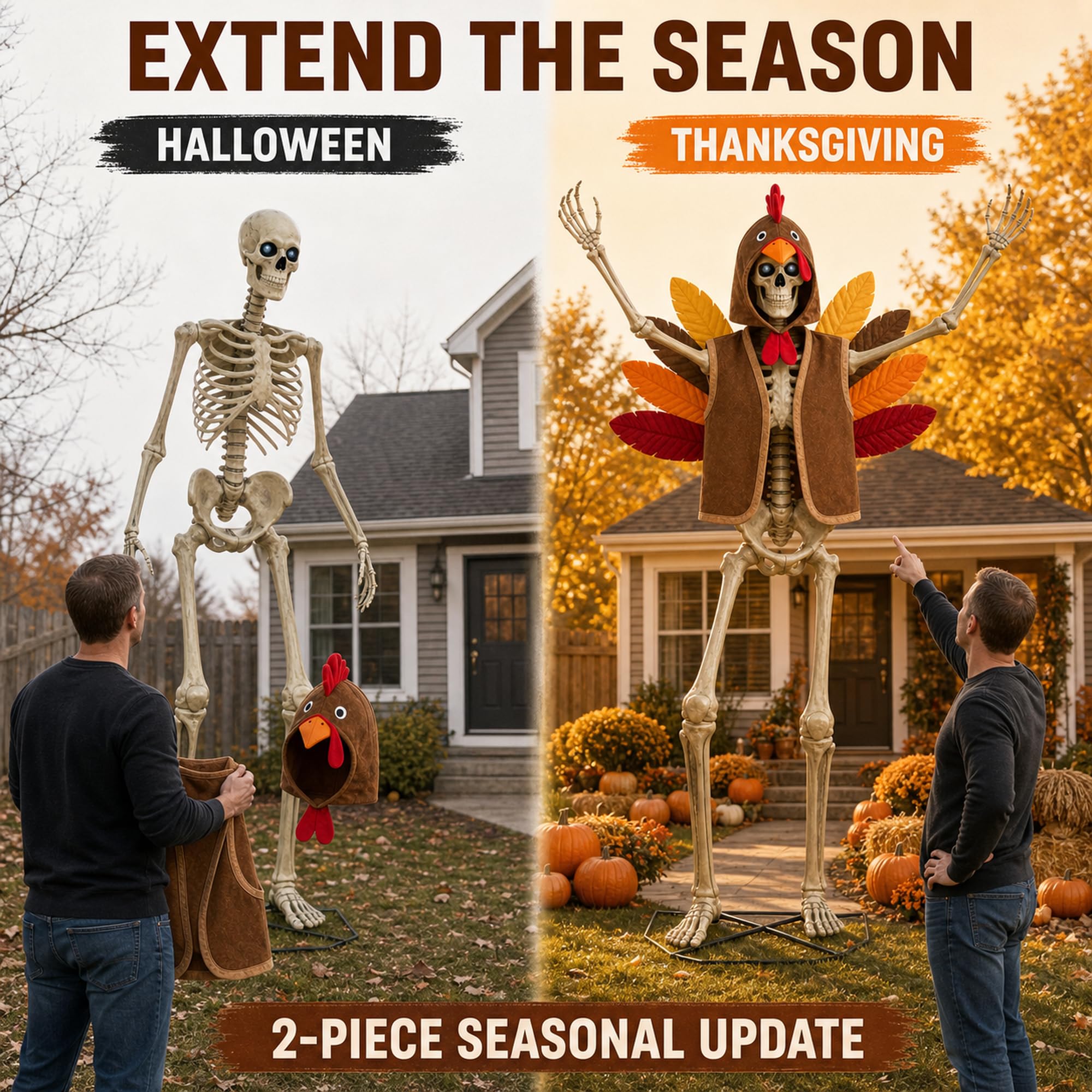 Skeleton dressed in turkey outfit in autumn setting