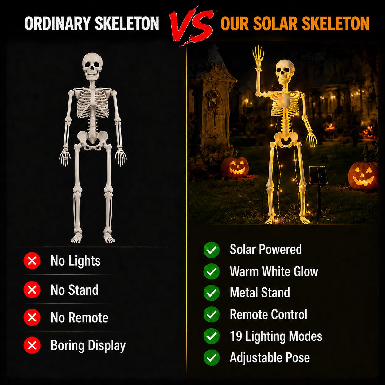 Skeleton posed in a garden with warm lights