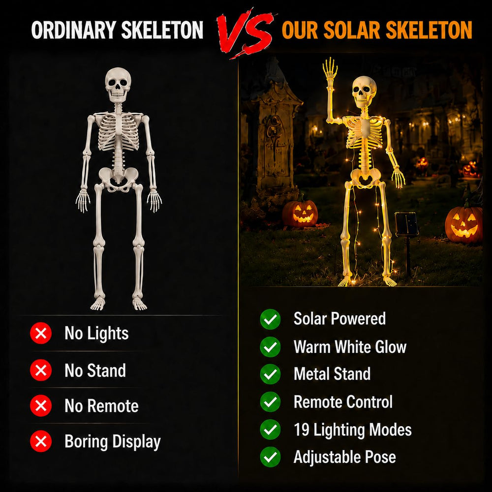 Skeleton posed in a garden with warm lights