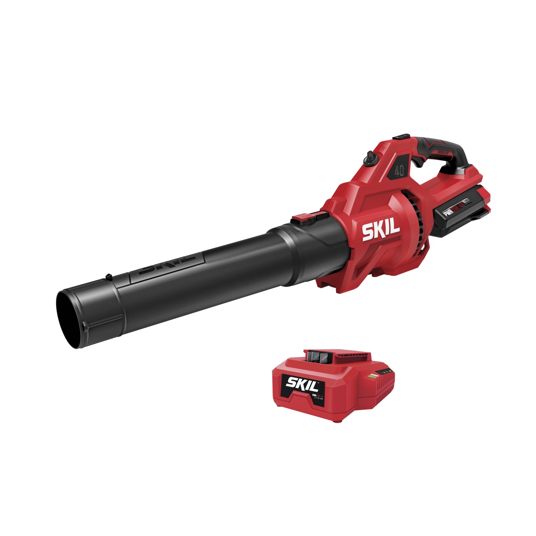Skil PWR CORE 40 leaf blower front view with battery and charger