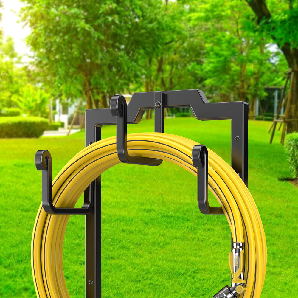 Skycarper Garden Hose Reel Holder installed in a garden