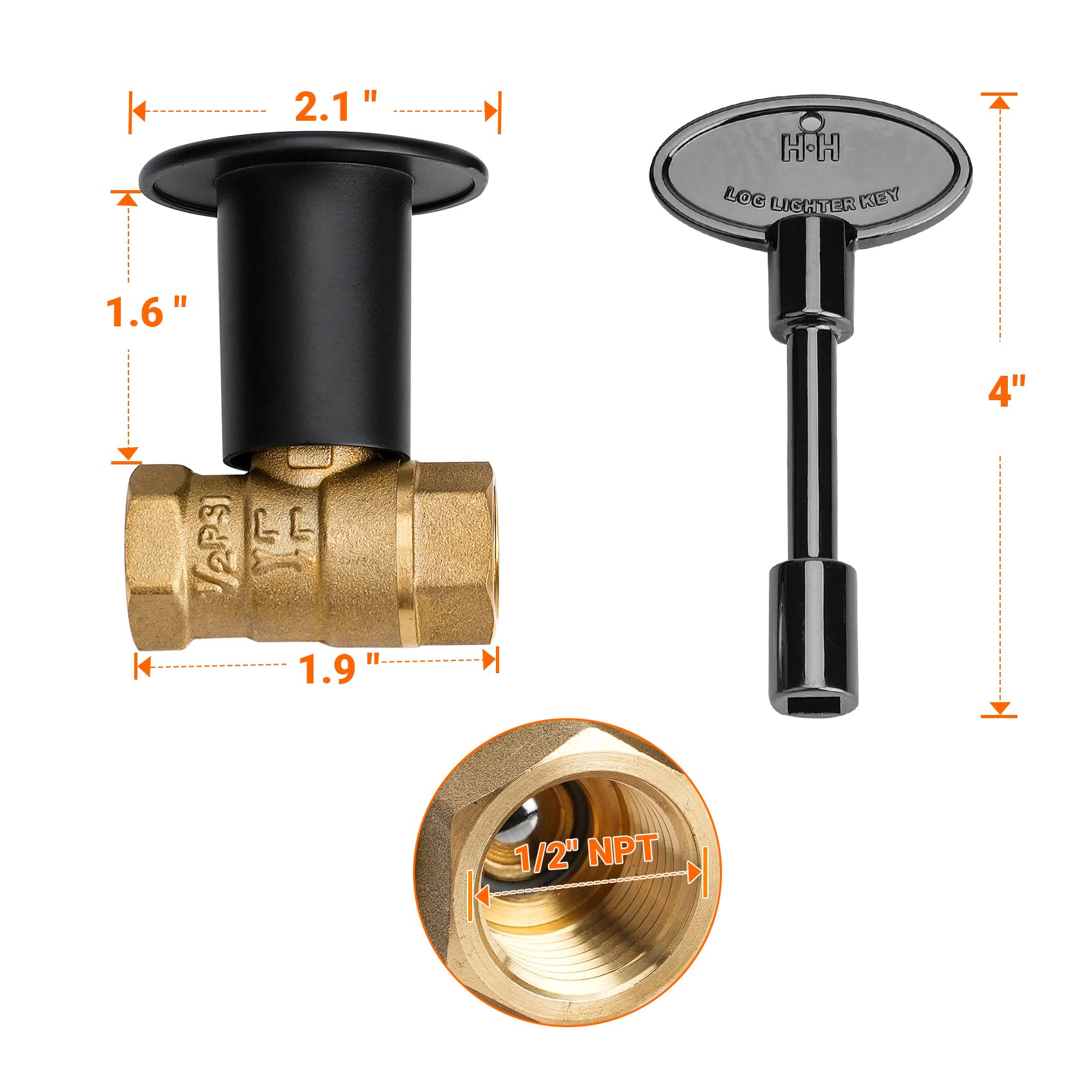 Skyflame 1/2 Inch Gas Key Valve Kit flat black floor plate flange