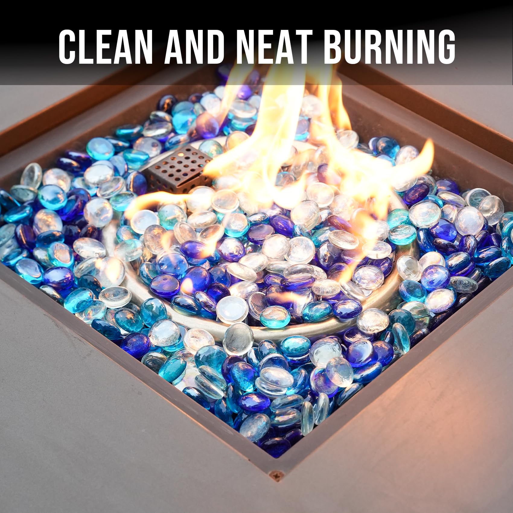 Skyflame fire glass beads displayed in a modern fire pit