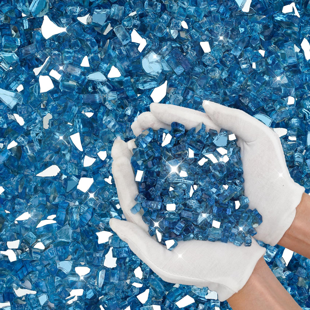 Skyflame fire glass rocks display in outdoor setting