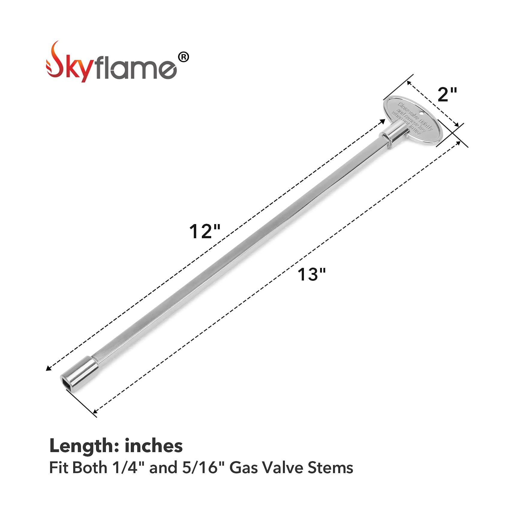 Skyflame gas valve key side view showing 12-inch length