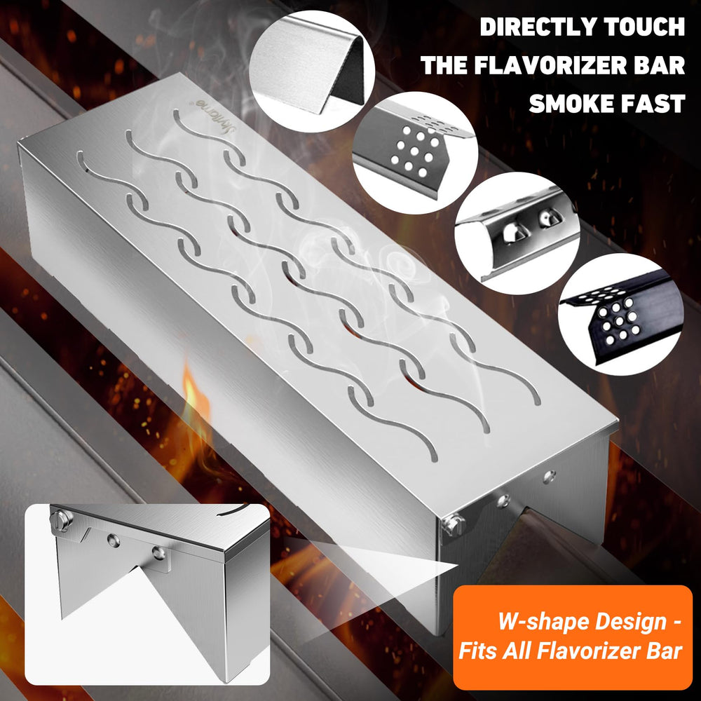 Skyflame Wood Chip Smoker Box dimensions on a measuring tape