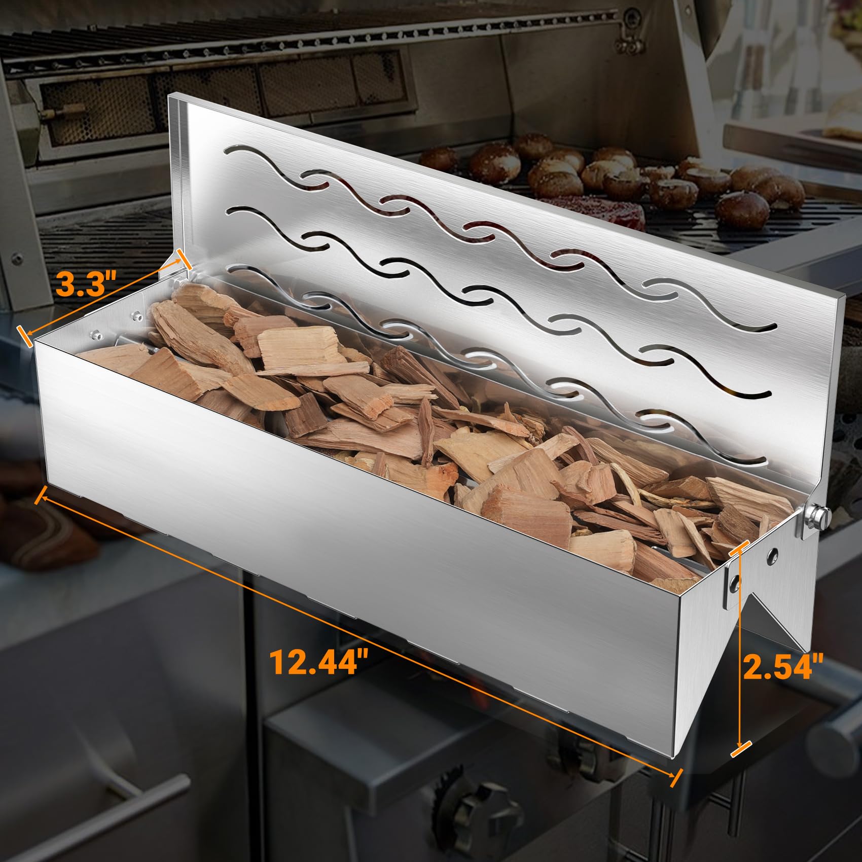 Skyflame Wood Chip Smoker Box hinged lid open with wood chips