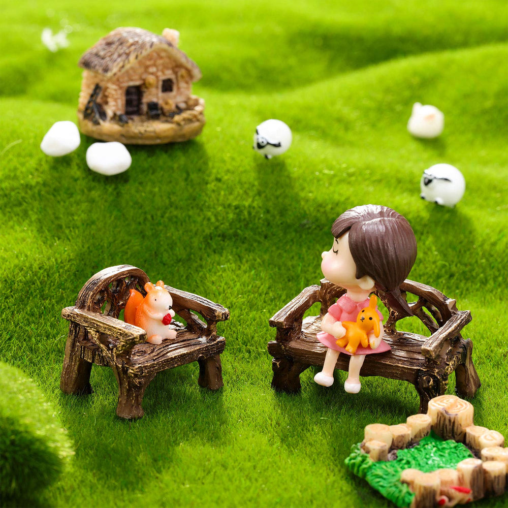 Skylety miniature furniture set displayed in a garden