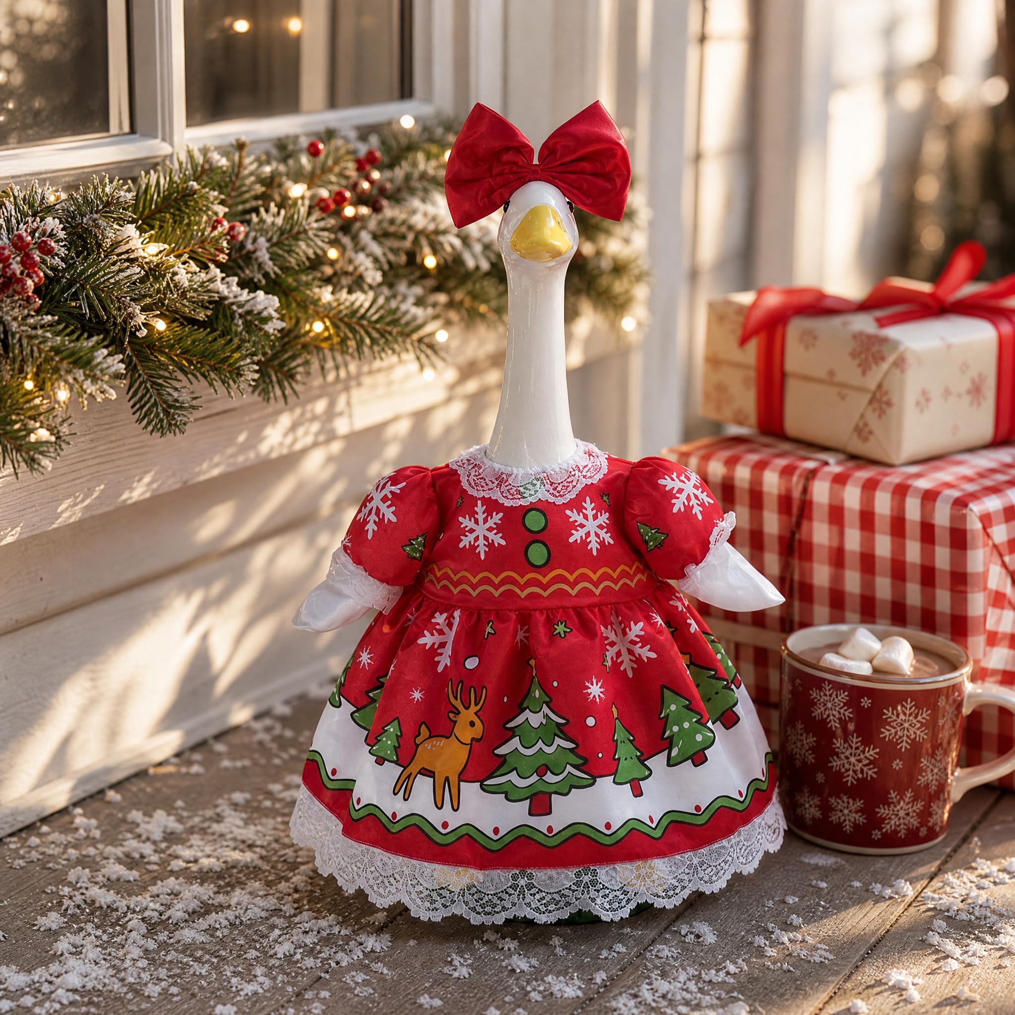 SLUPS Christmas Goose Outfit in a garden setting