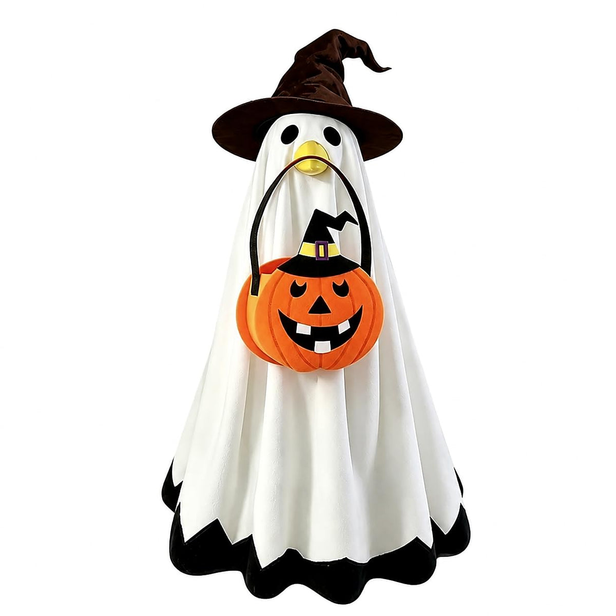 SLUPS Ghost Halloween Porch Goose Outfit with witch hat and pumpkin bag