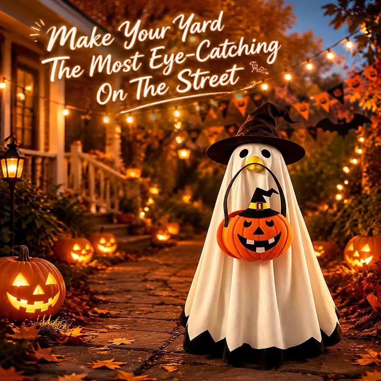 SLUPS Halloween Goose Outfit displayed on a 23-inch goose statue