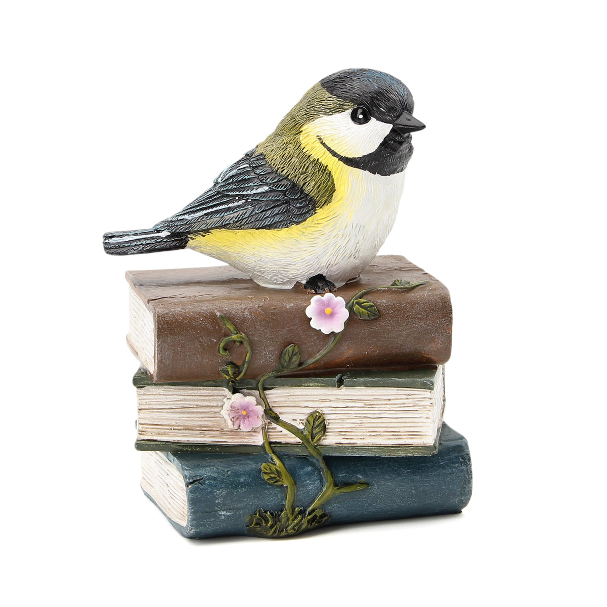 Smadeer Bird Statue, blue bird on antique books, front view