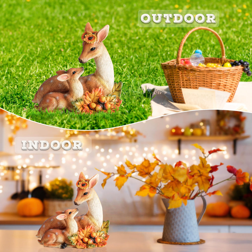 Smadeer Garden Deer statue on a shelf with fall decorations