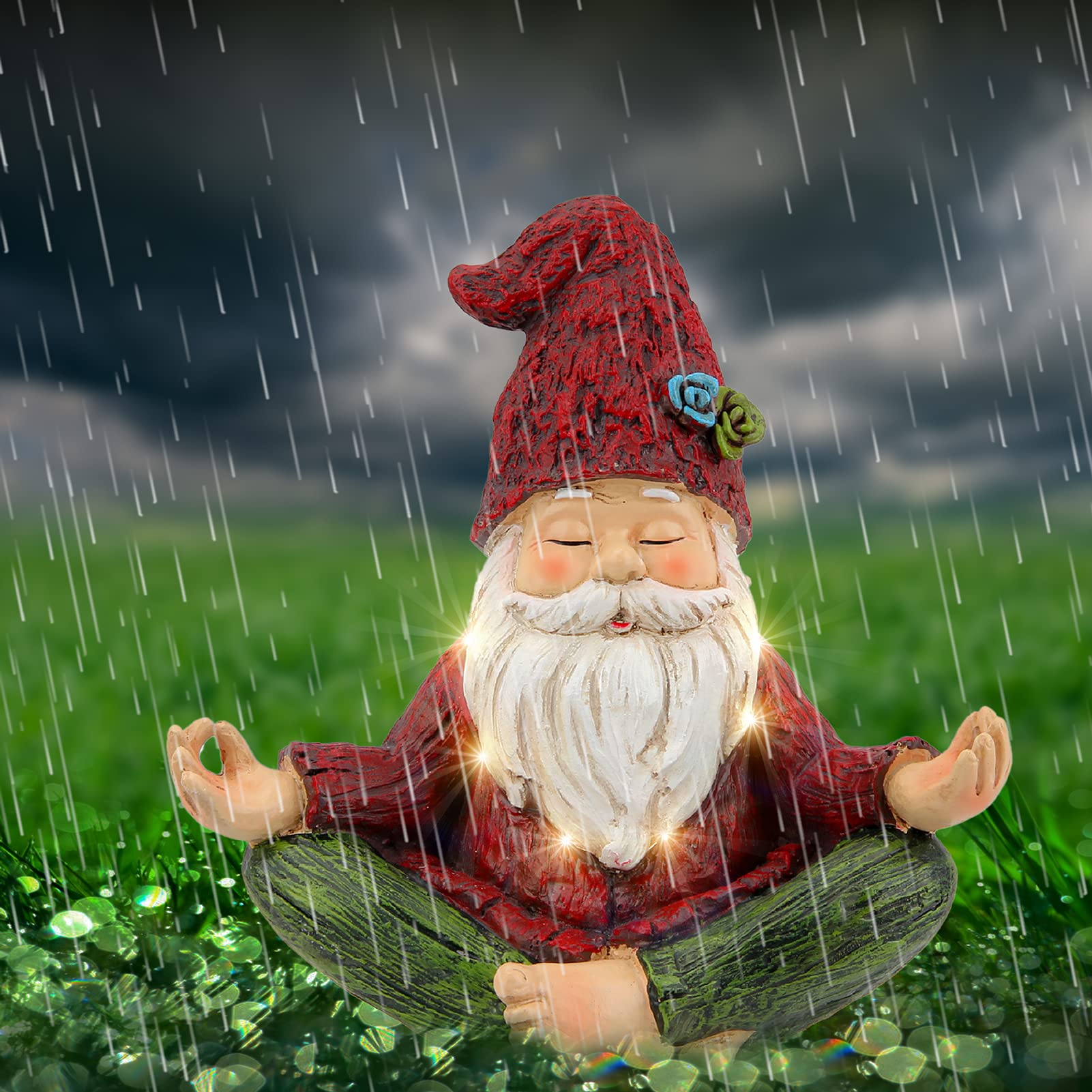 Smadeer Garden Yoga Gnome with lights during night