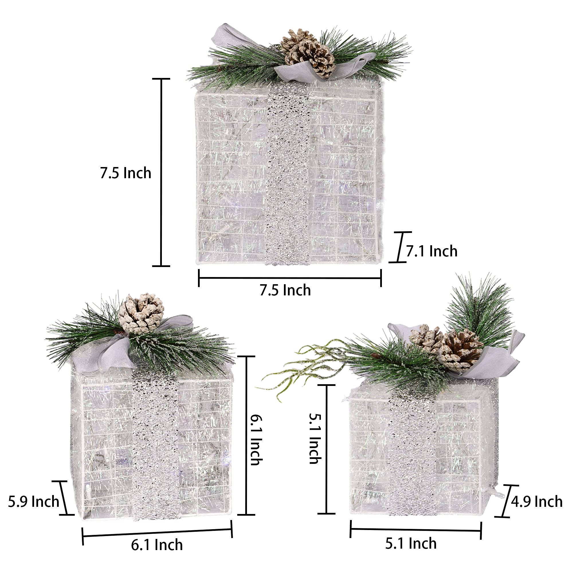 Small Hourleey Christmas lighted gift box featuring decorative pine cones