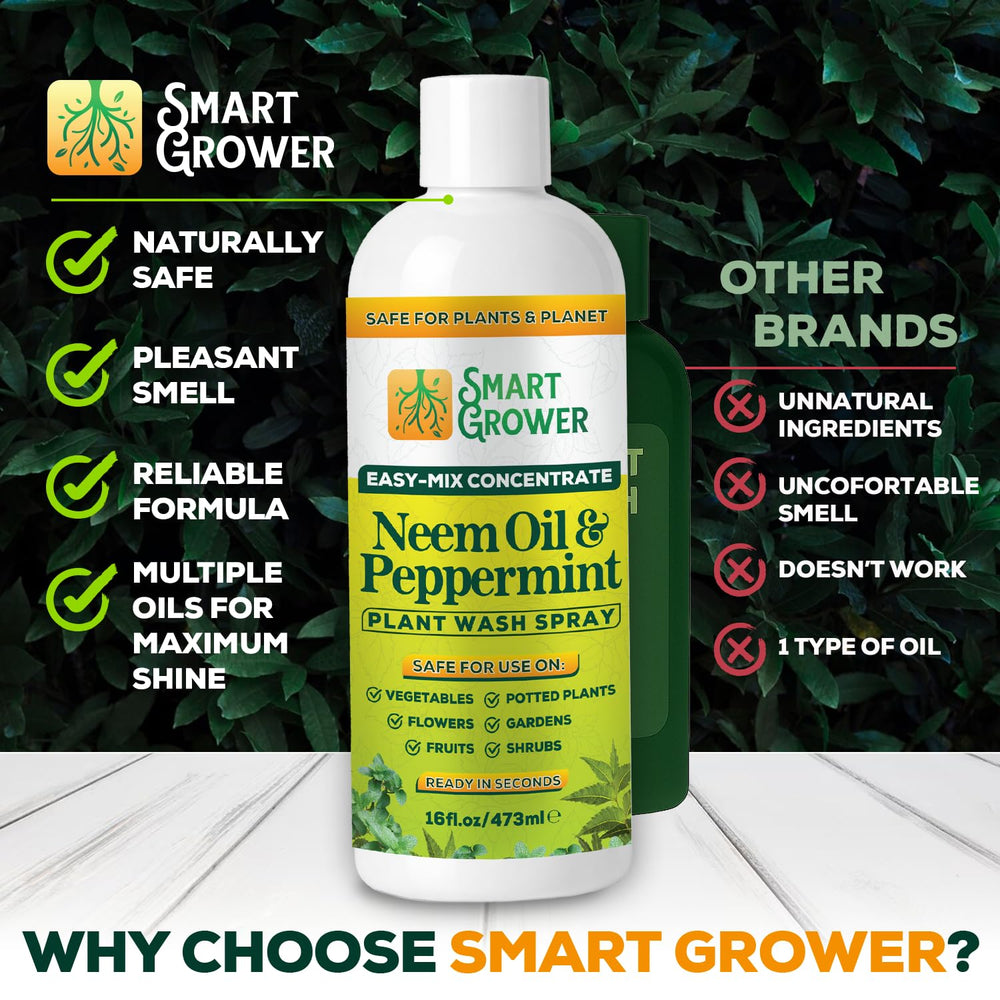 Smart Grower Neem Oil Spray bottle with plants in background