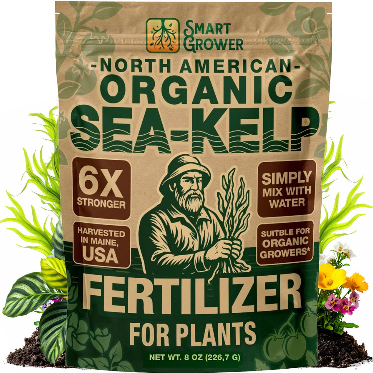 Smart Grower Organic Sea-Kelp Fertilizer 8oz pouch front view