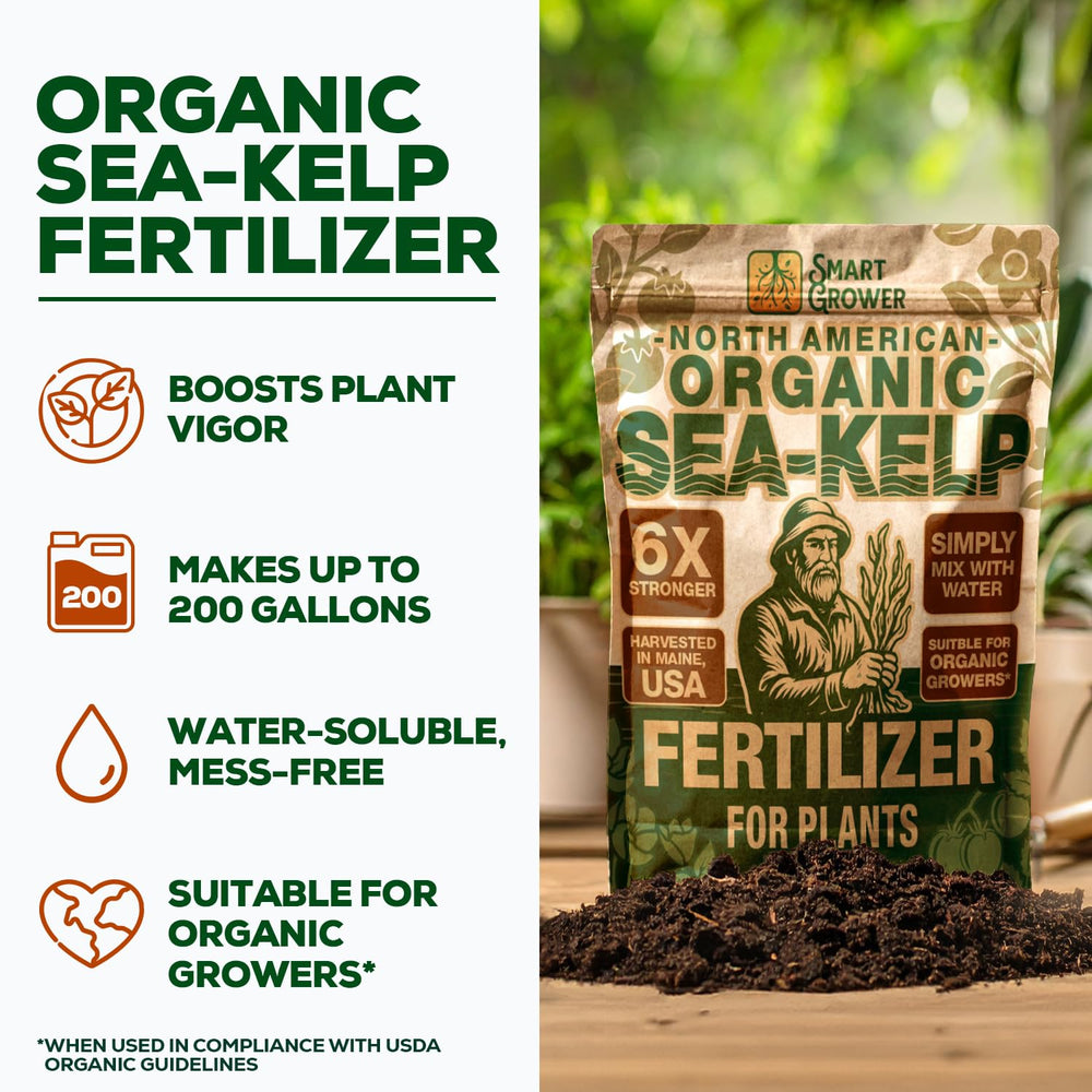 Smart Grower Sea-Kelp Fertilizer showing mixing instructions