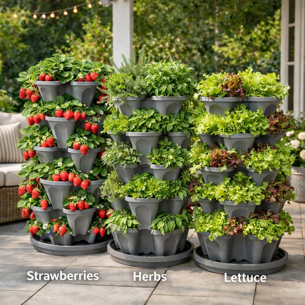 smart spring stackable planter with strawberries and herbs