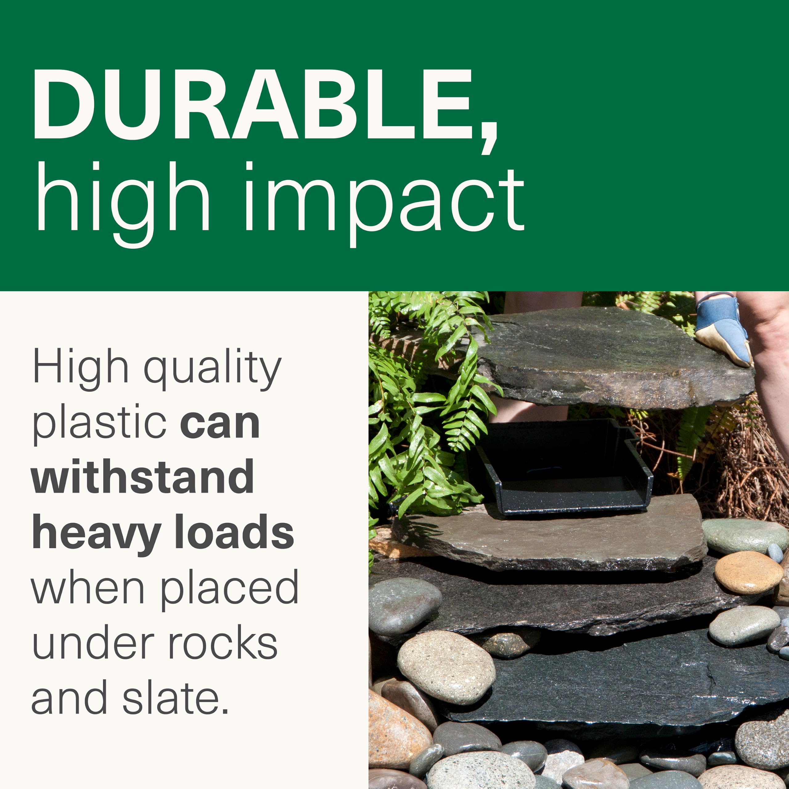 Smartpond Waterfall Spillway in garden setting with decorative rocks
