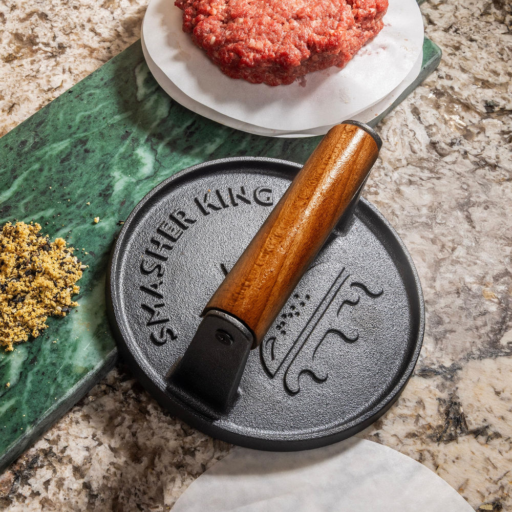 SMASHER KING burger press in use with burgers