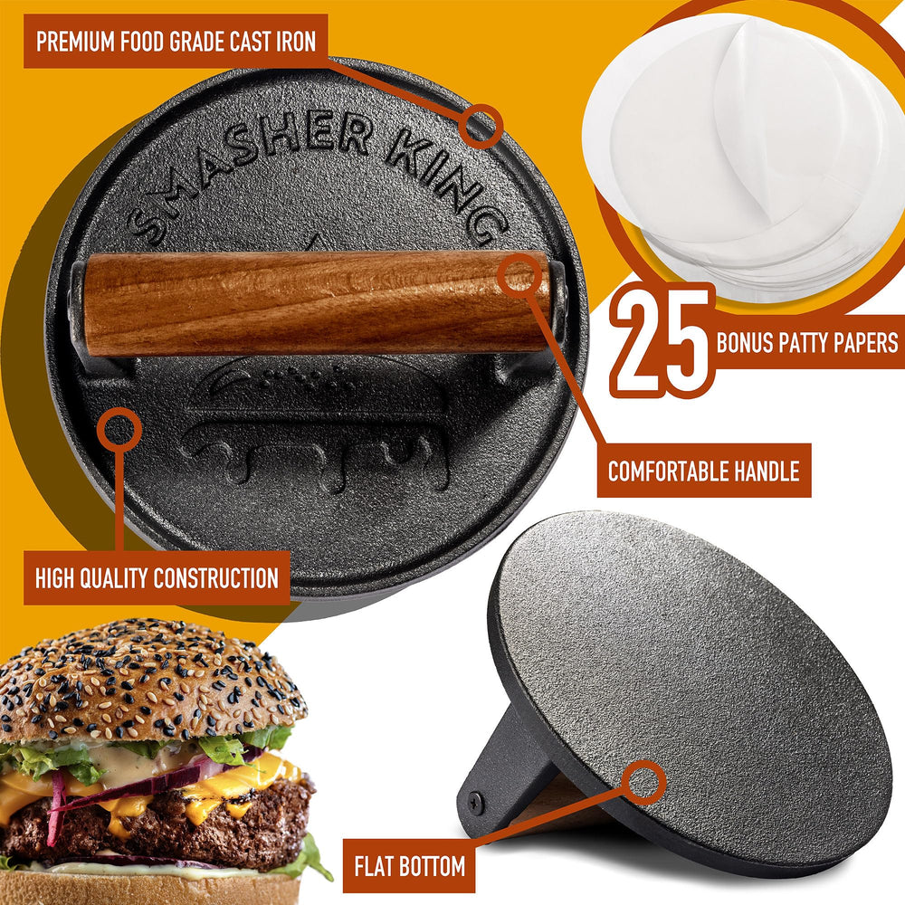 SMASHER KING burger press on a grill