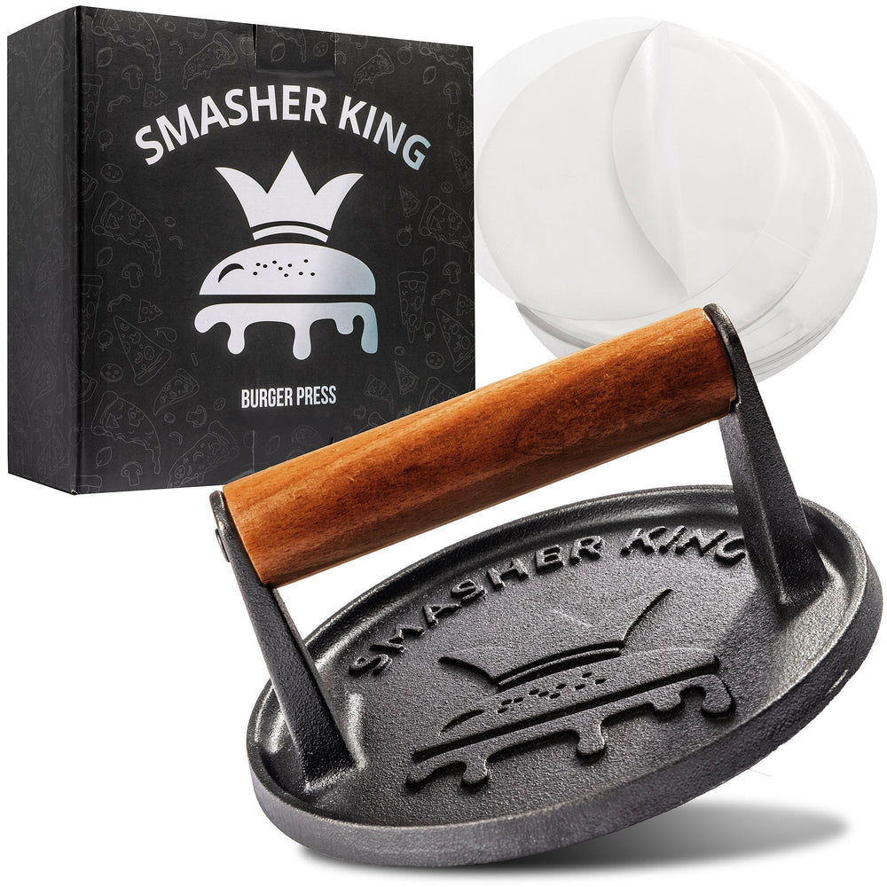SMASHER KING cast iron smash burger press front view