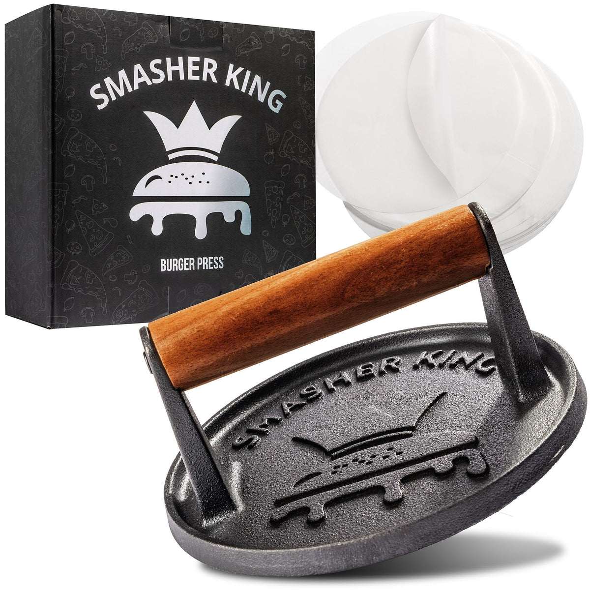 SMASHER KING cast iron smash burger press front view
