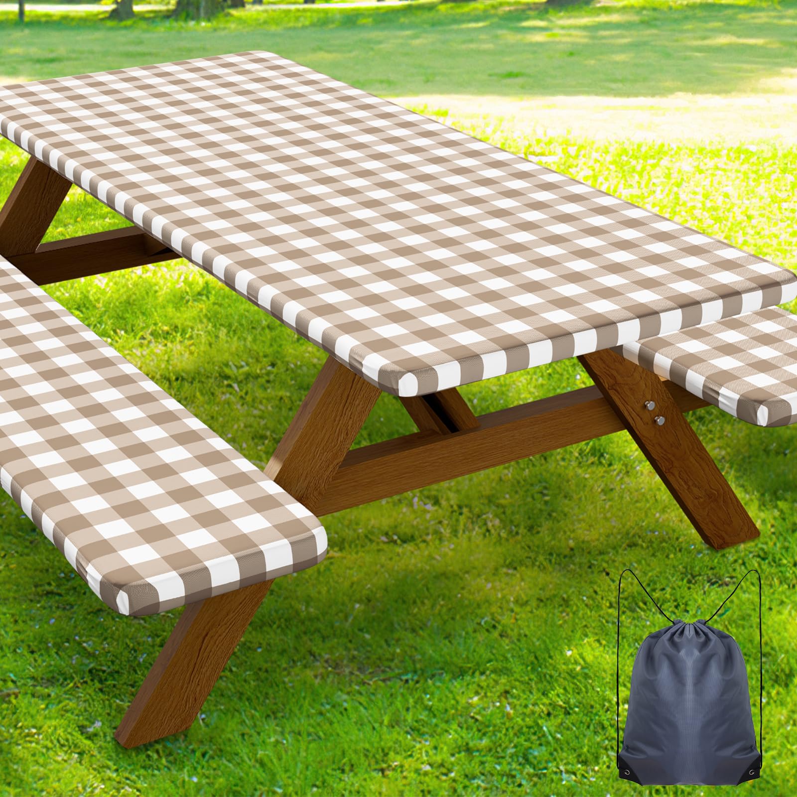Smiry 4FT Picnic Table Cover Set with bench covers in khaki and white