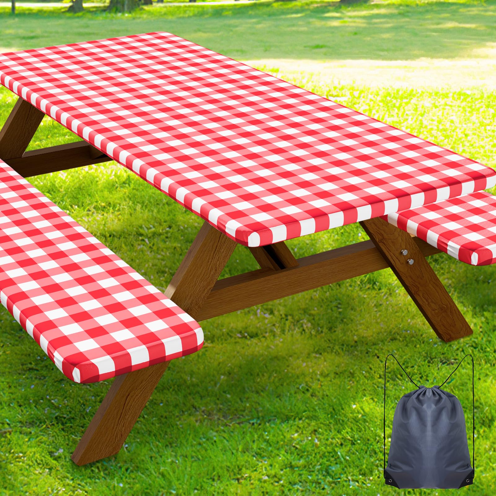 Smiry 5FT Picnic Table Cover Set red and white front view